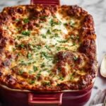 Easy Lasagna Recipe 15 Slice of easy lasagna recipe with golden cheese, rich meat sauce, and creamy ricotta layers on a white plate