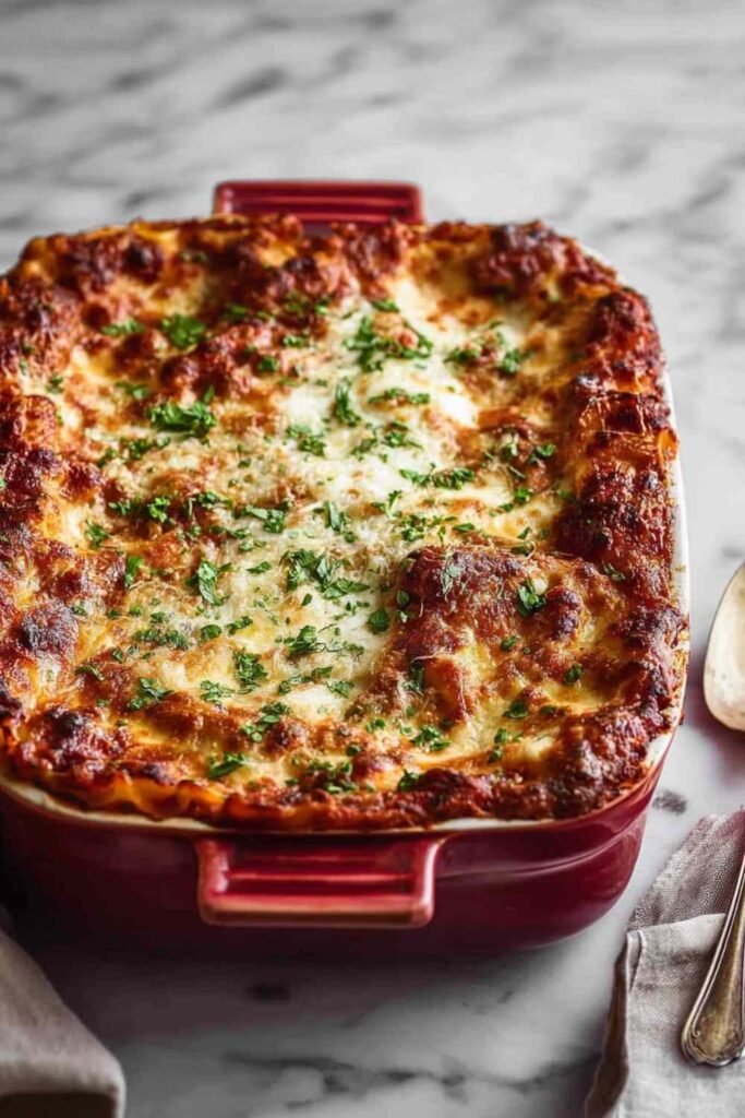 Easy Lasagna Recipe 14 Slice of easy lasagna recipe with golden cheese, rich meat sauce, and creamy ricotta layers on a white plate