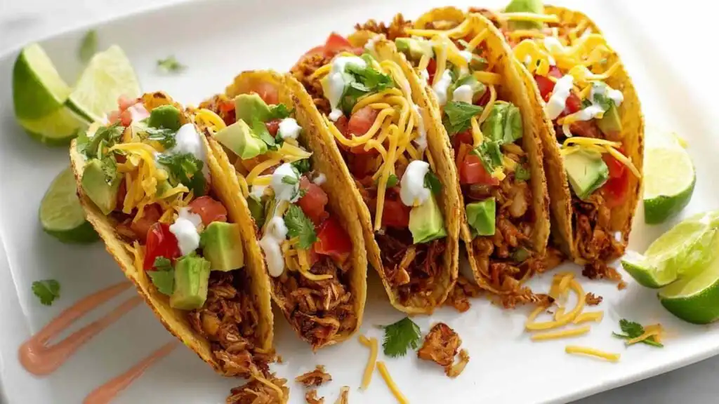 Overhead view of easy vegan tacos shredded tofu taco meat in corn taco shells topped with guacamole, pico de gallo, and fresh cilantro