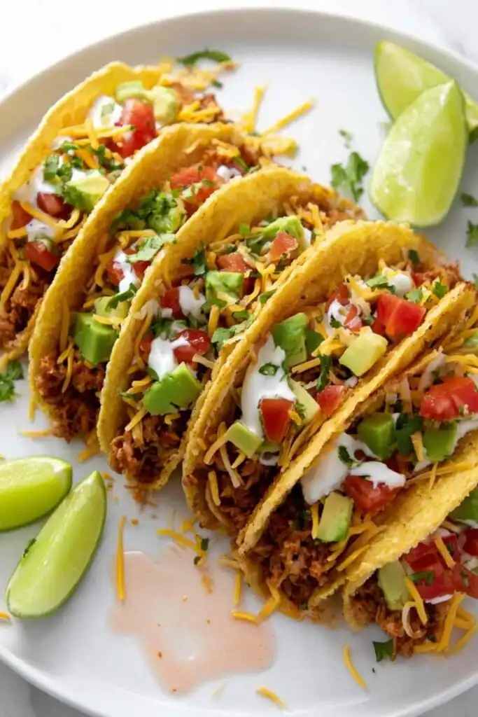 Overhead view of easy vegan tacos shredded tofu taco meat in corn taco shells topped with guacamole, pico de gallo, and fresh cilantro
