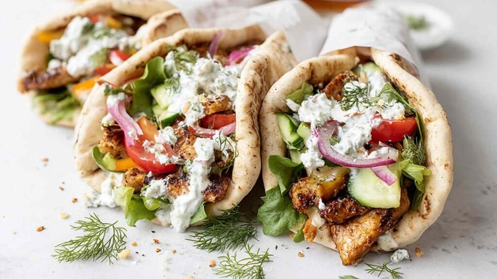Epic vegan gyros with tzatziki stuffed with crispy shaved tofu, mushrooms, fresh romaine, tomatoes, and dairy-free tzatziki in a warm pita