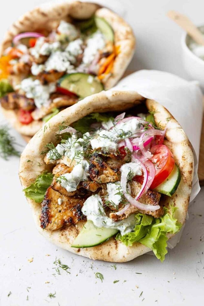 Epic vegan gyros with tzatziki stuffed with crispy shaved tofu, mushrooms, fresh romaine, tomatoes, and dairy-free tzatziki in a warm pita