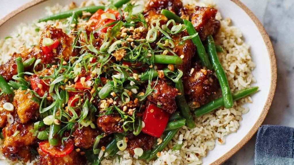 Homemade General Tso's Chicken in a skillet with sticky sweet and spicy sauce, garnished with green onions and sesame seeds
