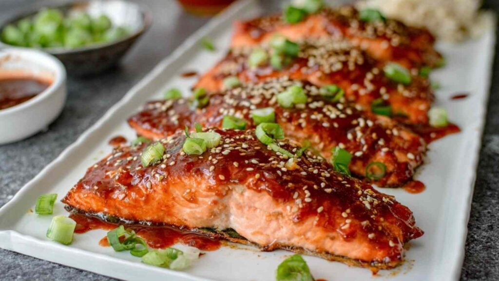 Gochujang Salmon 7 Broiled gochujang salmon fillets garnished with sesame seeds and green onion on a white plate
