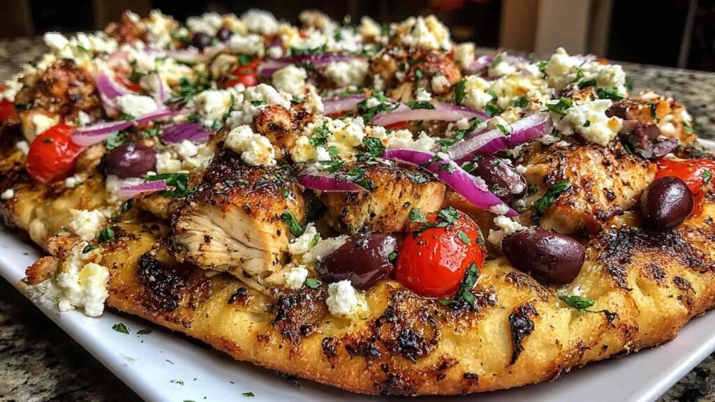 Greek Chicken Pita Pizza 16 Greek Chicken Pita Pizza topped with grilled chicken, crumbled feta, Kalamata olives, and cherry tomatoes fresh out of the oven