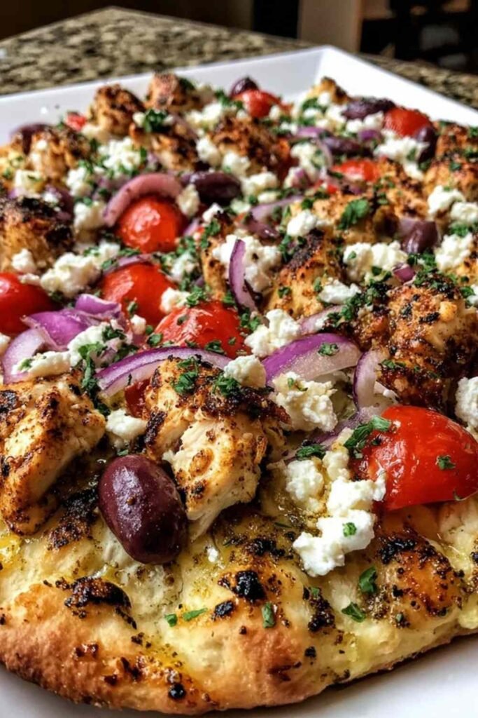 Greek Chicken Pita Pizza 17 Greek Chicken Pita Pizza topped with grilled chicken, crumbled feta, Kalamata olives, and cherry tomatoes fresh out of the oven
