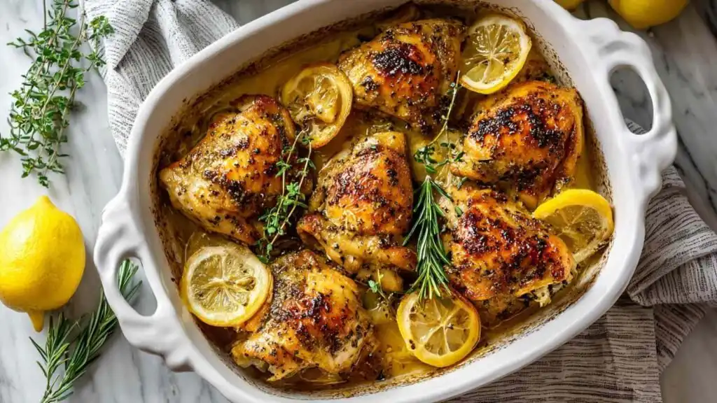 Greek Lemon Chicken 1 Greek lemon chicken high protein recipe baked golden in a casserole dish with lemon slices and fresh herbs