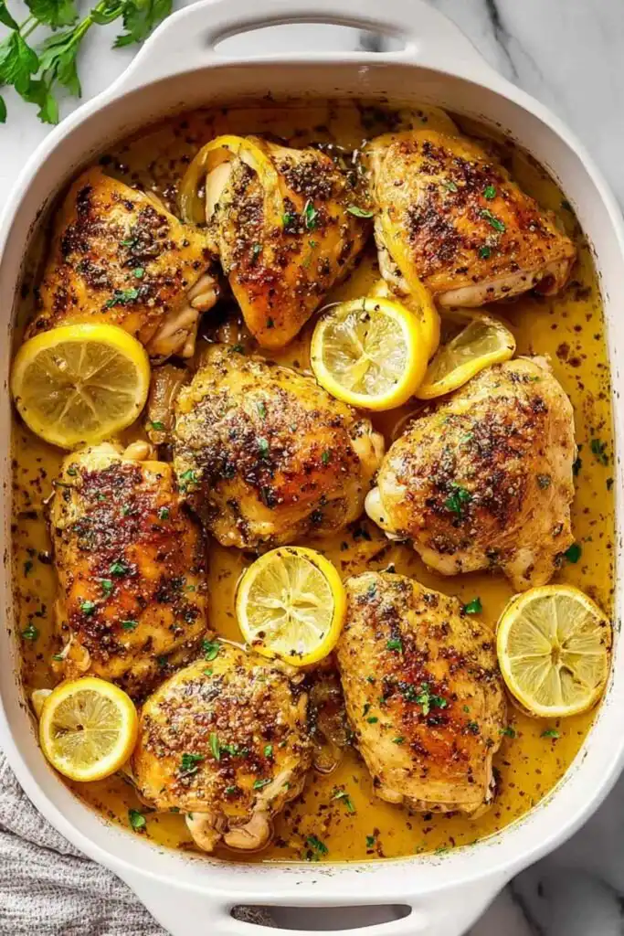 Greek Lemon Chicken 2 Greek lemon chicken high protein recipe baked golden in a casserole dish with lemon slices and fresh herbs