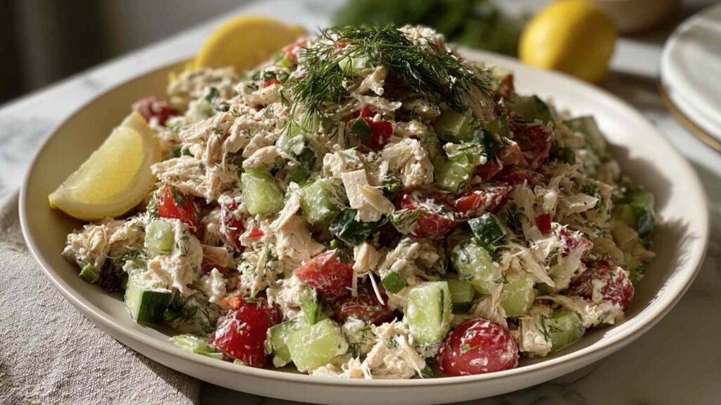 Overhead view of Greek Tzatziki Chicken Salad with shredded chicken, fresh cucumber, cherry tomatoes, red onion, and chopped almonds in a white bowl