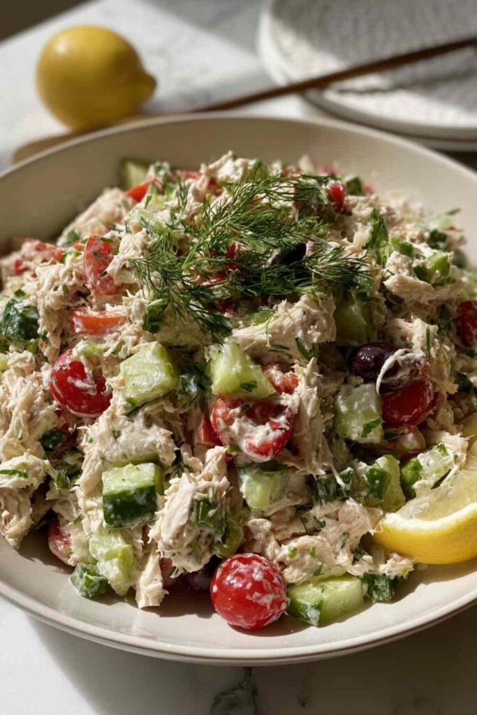 Overhead view of Greek Tzatziki Chicken Salad with shredded chicken, fresh cucumber, cherry tomatoes, red onion, and chopped almonds in a white bowl