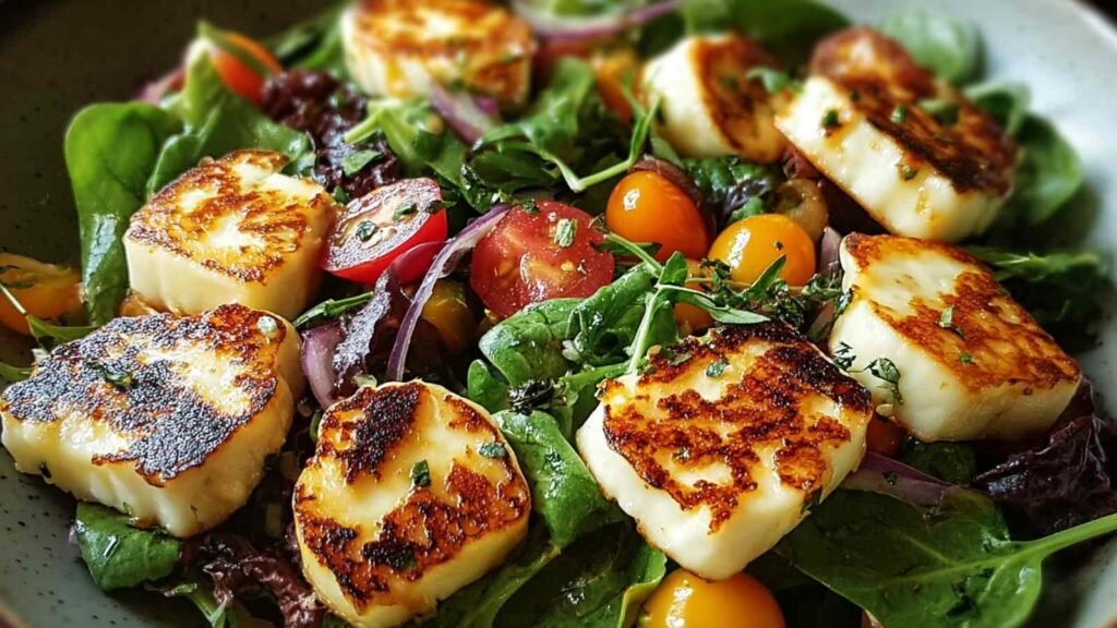 Grilled Halloumi Salad 19 Overhead view of grilled halloumi salad recipe with golden halloumi slices, cherry tomatoes, cucumber, and avocado on mixed greens