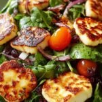 Grilled Halloumi Salad 21 Overhead view of grilled halloumi salad recipe with golden halloumi slices, cherry tomatoes, cucumber, and avocado on mixed greens