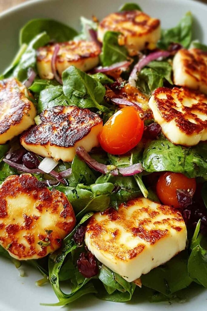 Grilled Halloumi Salad 20 Overhead view of grilled halloumi salad recipe with golden halloumi slices, cherry tomatoes, cucumber, and avocado on mixed greens