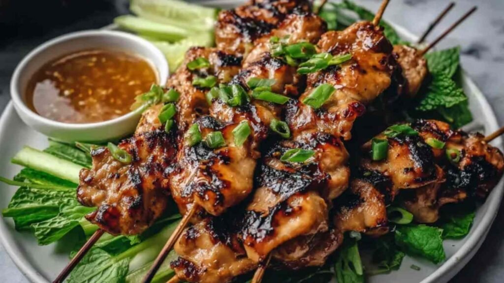 Grilled Vietnamese Chicken (Ga Nuong Sa) 16 Grilled Vietnamese Chicken thighs with caramelized lemongrass honey glaze, garnished with fresh cilantro and lime wedges on a white plate