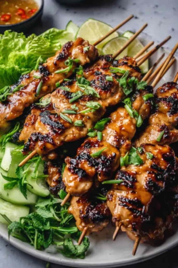 Grilled Vietnamese Chicken (Ga Nuong Sa) 17 Grilled Vietnamese Chicken thighs with caramelized lemongrass honey glaze, garnished with fresh cilantro and lime wedges on a white plate