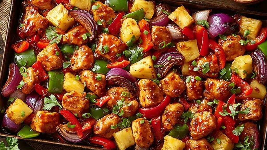Hawaiian Chicken Sheet Pan 7 Hawaiian Chicken Sheet Pan with golden chicken pieces, caramelized pineapple chunks, and colorful bell peppers on a parchment-lined pan