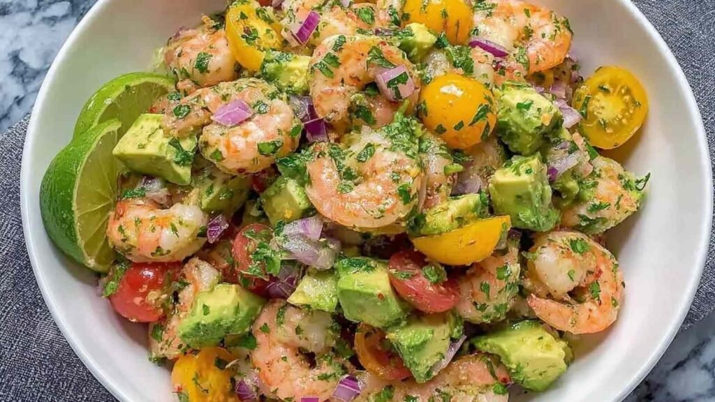 Healthy shrimp avocado salad with lime dressing served in a white bowl, overhead view