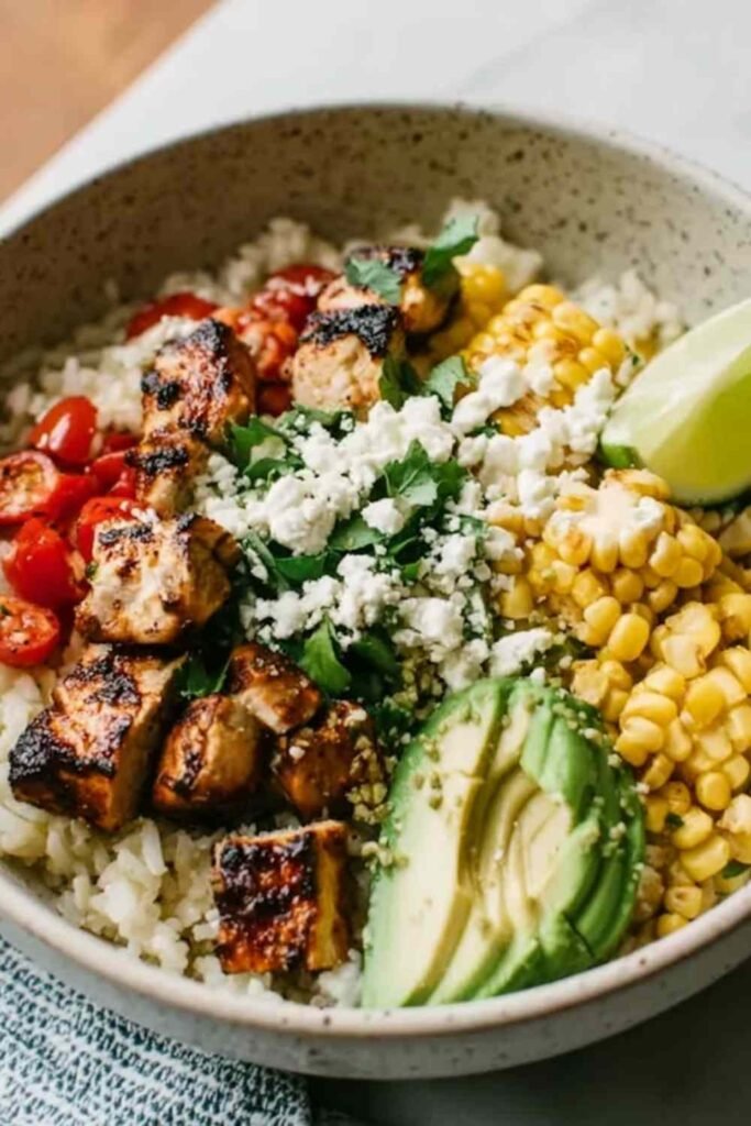 Healthy Street Corn Chicken Rice Bowl 8 Healthy street corn chicken rice bowl with sliced grilled chicken, creamy elote corn topping, avocado, and cotija cheese served over fluffy white rice