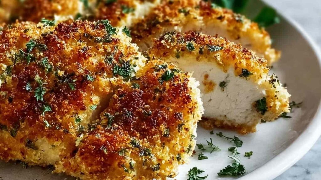 Golden herb-crusted baked Parmesan chicken on a parchment-lined baking sheet fresh from the oven