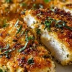 Golden herb-crusted baked Parmesan chicken on a parchment-lined baking sheet fresh from the oven