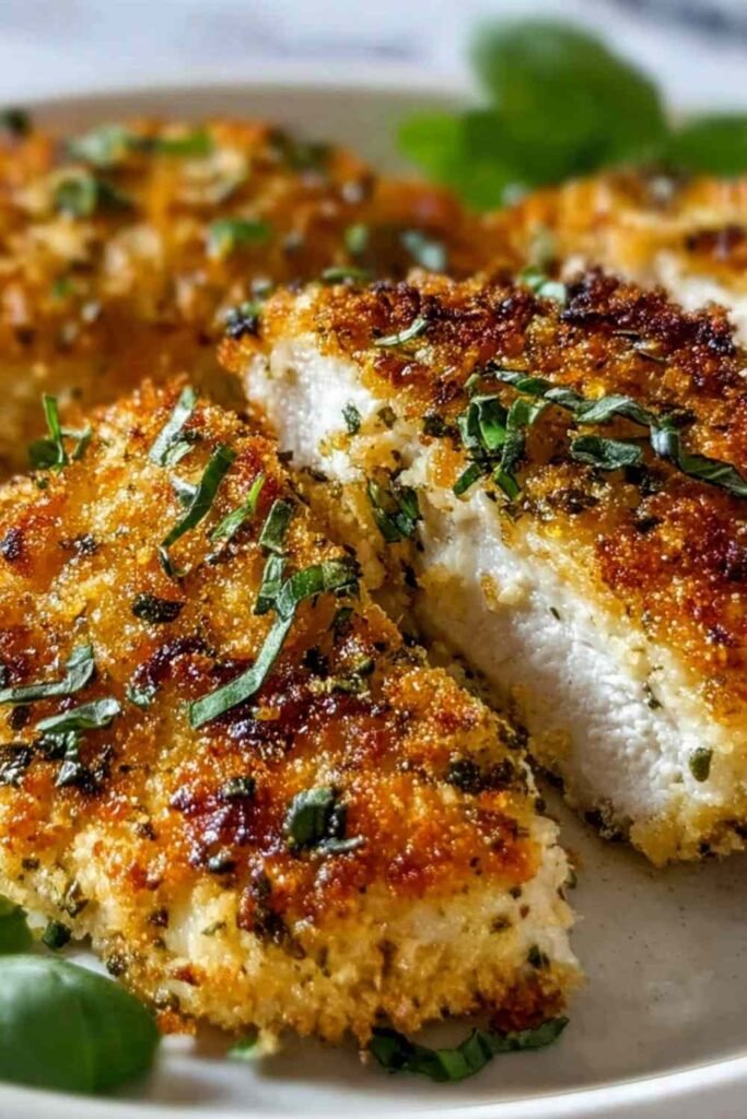 Golden herb-crusted baked Parmesan chicken on a parchment-lined baking sheet fresh from the oven