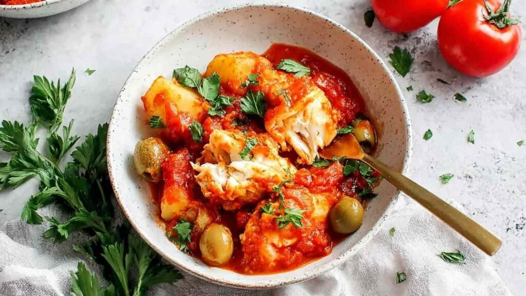 High Protein Bacalao a la Vizcaina served in a skillet with golden batter-fried salt cod, cannellini beans, potatoes, and green olives in tomato sauce