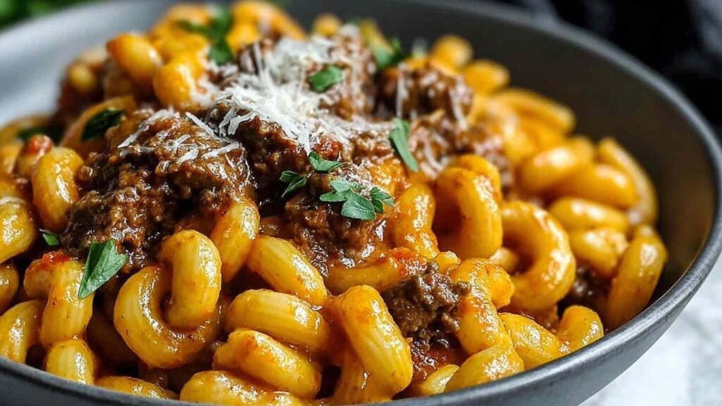 High-Protein Creamy Beef Pasta 10 High-protein creamy beef pasta served in a large skillet garnished with fresh parsley and parmesan