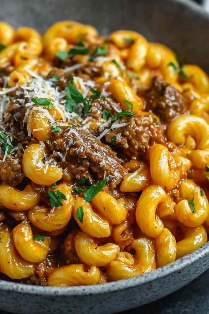 High-Protein Creamy Beef Pasta 11 High-protein creamy beef pasta served in a large skillet garnished with fresh parsley and parmesan