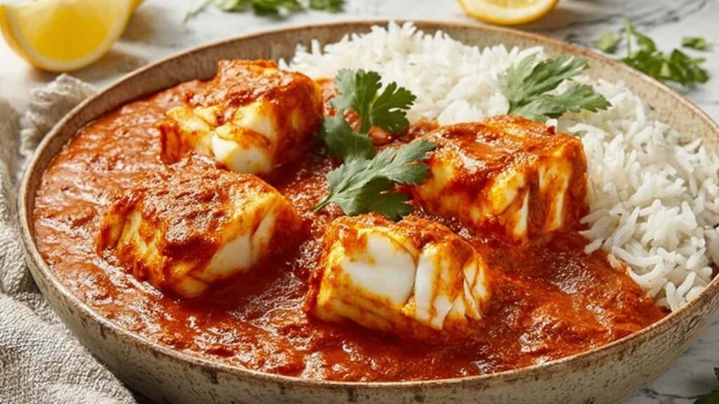 High protein broiled fish tikka masala in a skillet with creamy tomato sauce and fresh cilantro garnish