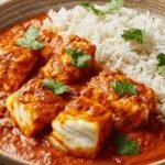 High protein broiled fish tikka masala in a skillet with creamy tomato sauce and fresh cilantro garnish