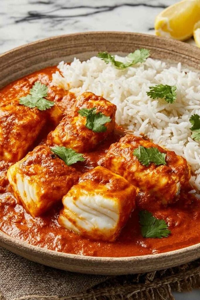 High protein broiled fish tikka masala in a skillet with creamy tomato sauce and fresh cilantro garnish