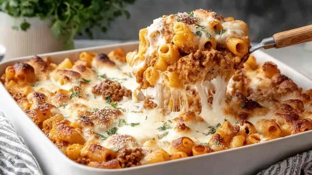 High protein cottage cheese baked ziti in a 9x13 baking dish, golden and bubbling fresh from the oven