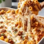 High protein cottage cheese baked ziti in a 9x13 baking dish, golden and bubbling fresh from the oven