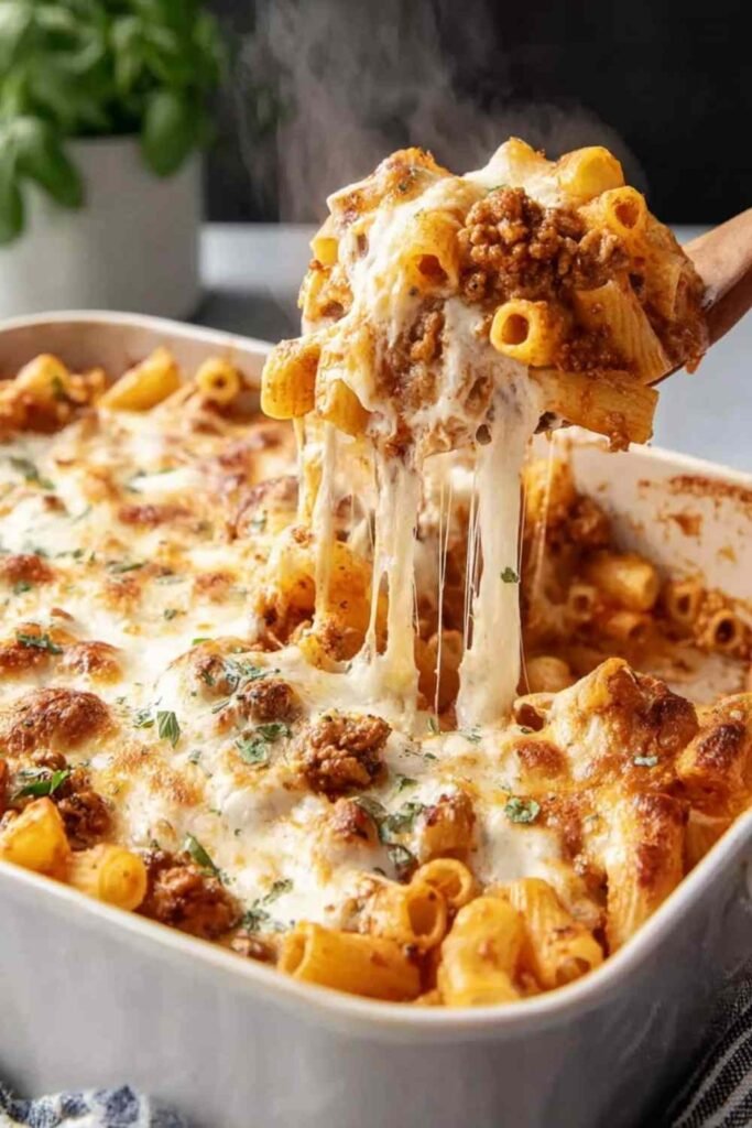 High protein cottage cheese baked ziti in a 9x13 baking dish, golden and bubbling fresh from the oven