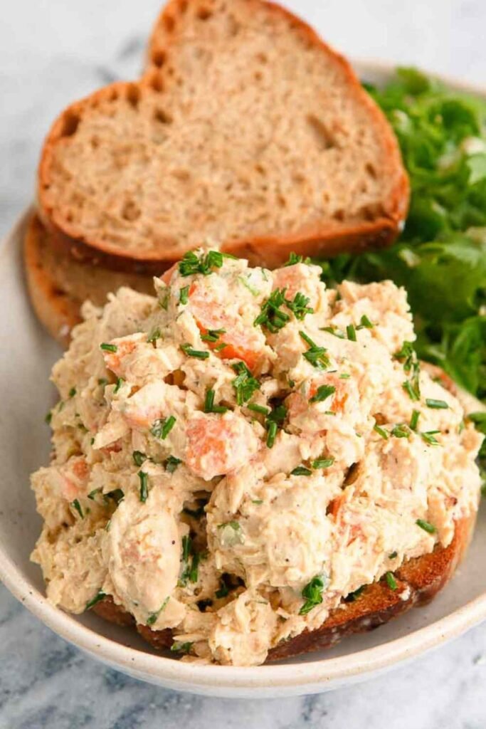 High protein cottage cheese chicken salad with Greek yogurt served on toasted sourdough bread