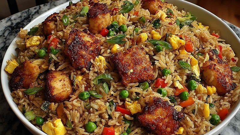 High Protein Crispy Garlic Chicken Fried Rice