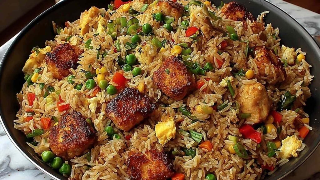 High protein crispy garlic chicken fried rice in a skillet with golden crispy rice, seared chicken, scrambled eggs, and green onions