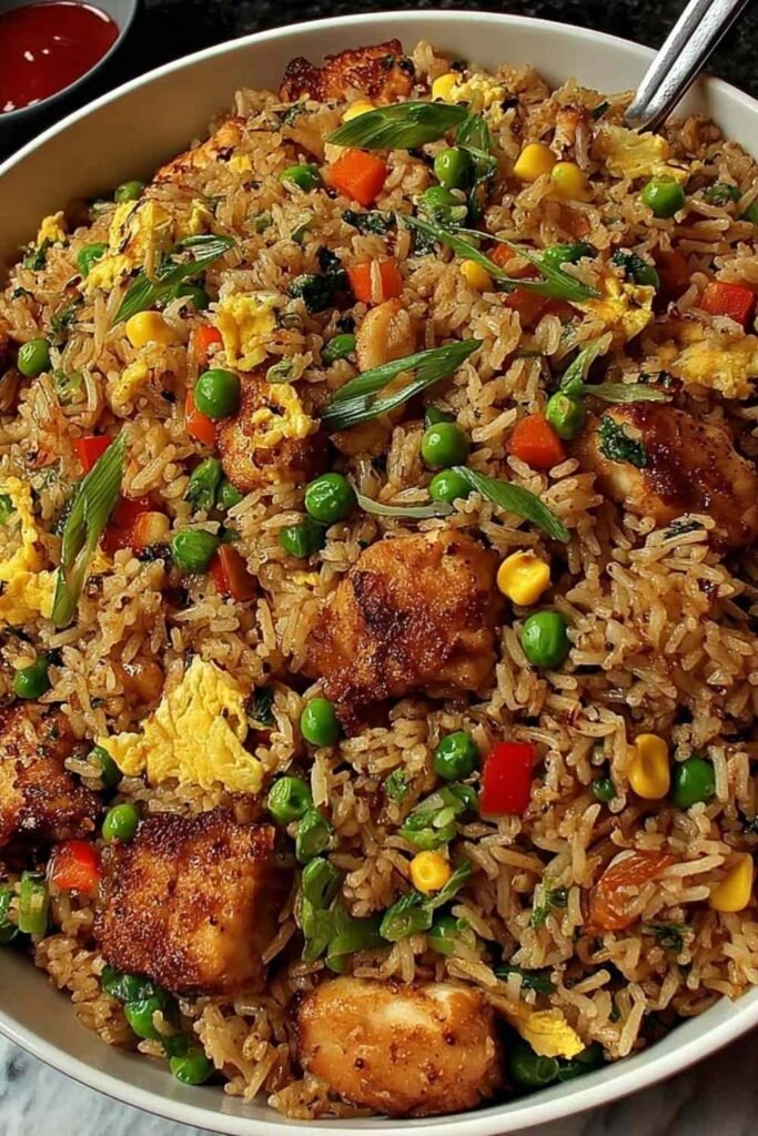 High protein crispy garlic chicken fried rice in a skillet with golden crispy rice, seared chicken, scrambled eggs, and green onions