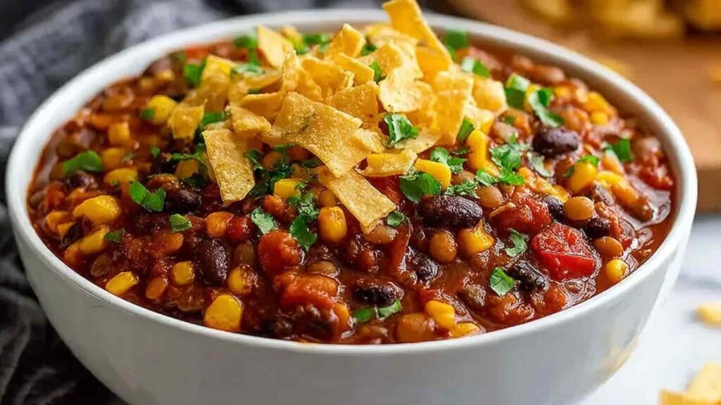 Bowl of high protein crockpot lentil taco chili topped with fresh pico de gallo, sliced avocado, and cilantro