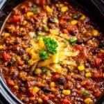 Bowl of high protein crockpot lentil taco chili topped with fresh pico de gallo, sliced avocado, and cilantro