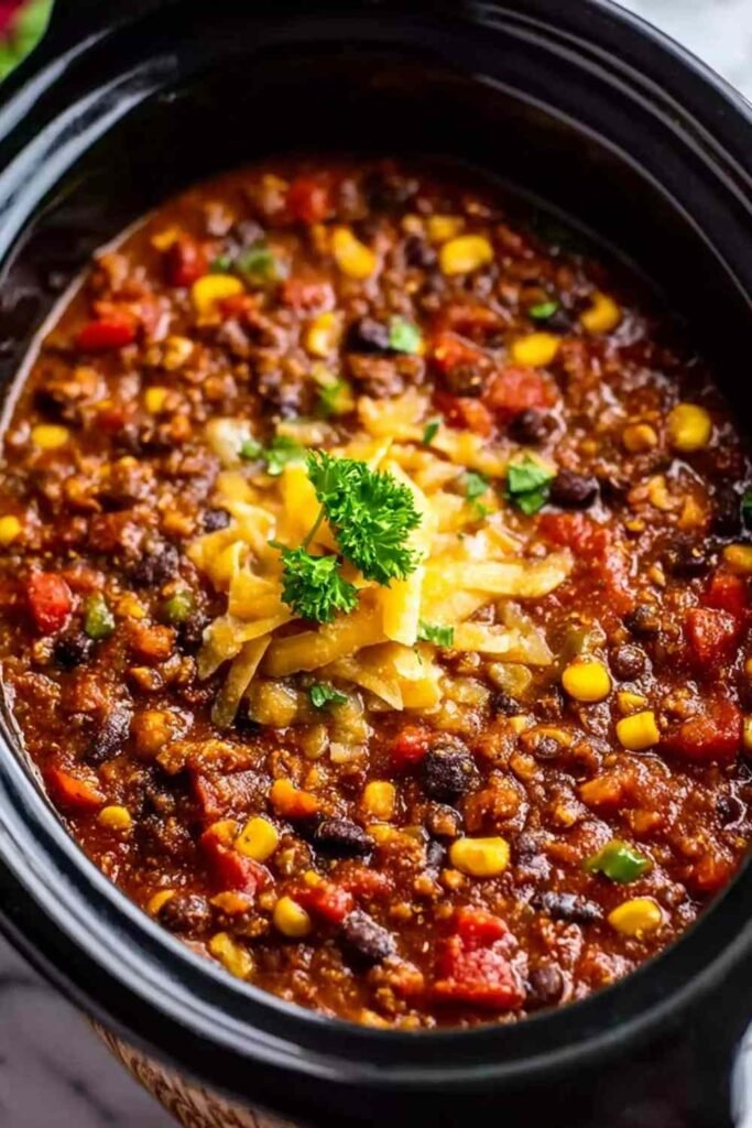 Bowl of high protein crockpot lentil taco chili topped with fresh pico de gallo, sliced avocado, and cilantro