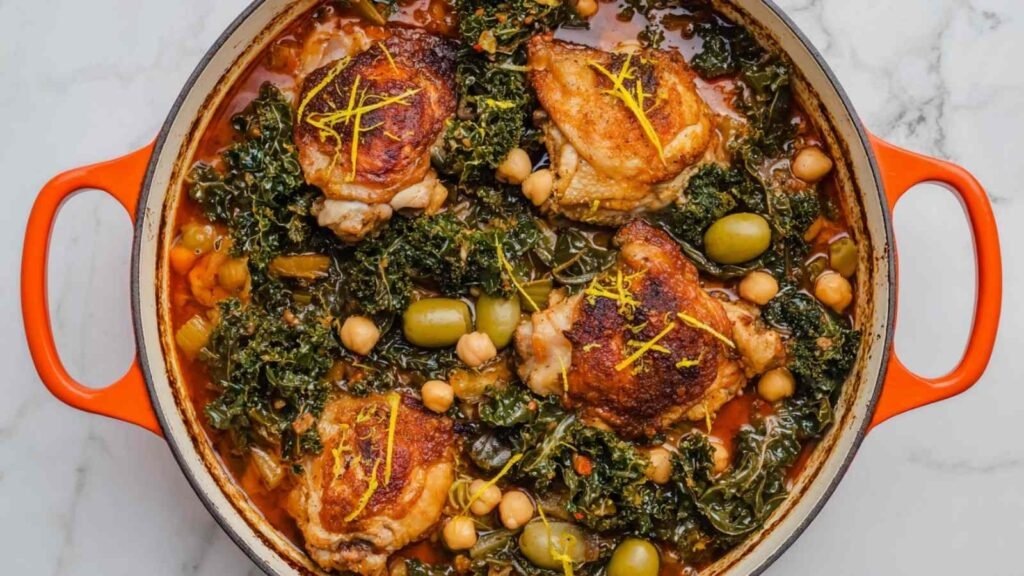 High Protein Moroccan Braised Chicken with Olives served on a white platter garnished with fresh cilantro and lemon rounds