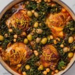 High Protein Moroccan Braised Chicken with Olives served on a white platter garnished with fresh cilantro and lemon rounds