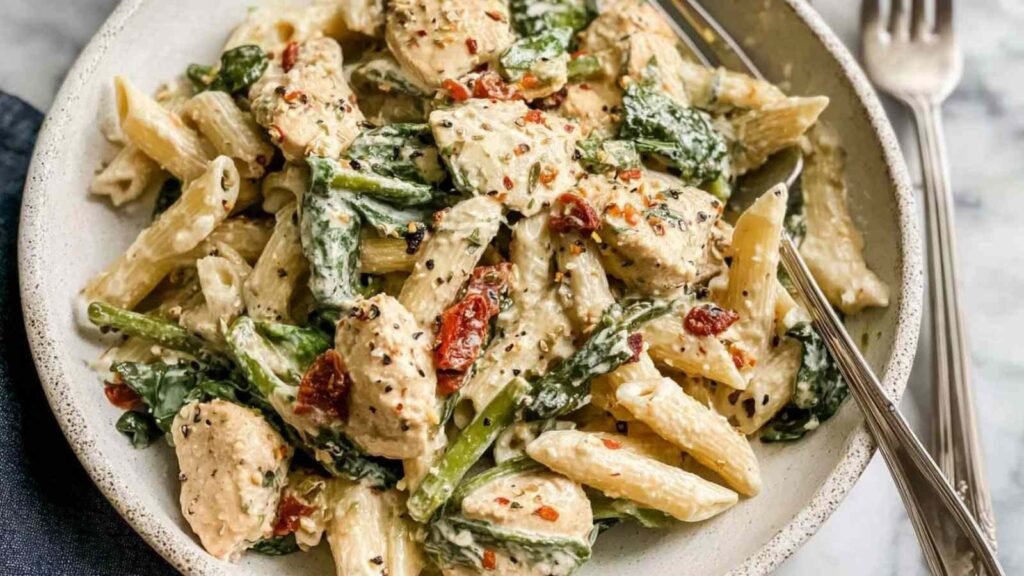 High Protein Pasta 28 Creamy high protein pasta with Cajun chicken, sun-dried tomatoes, and spinach in a white bowl