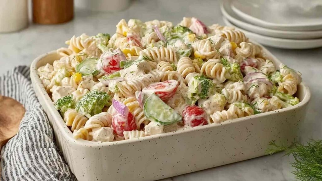 Overhead view of a high protein ranch pasta salad with shredded chicken, chickpea pasta, and fresh vegetables in a white bowl
