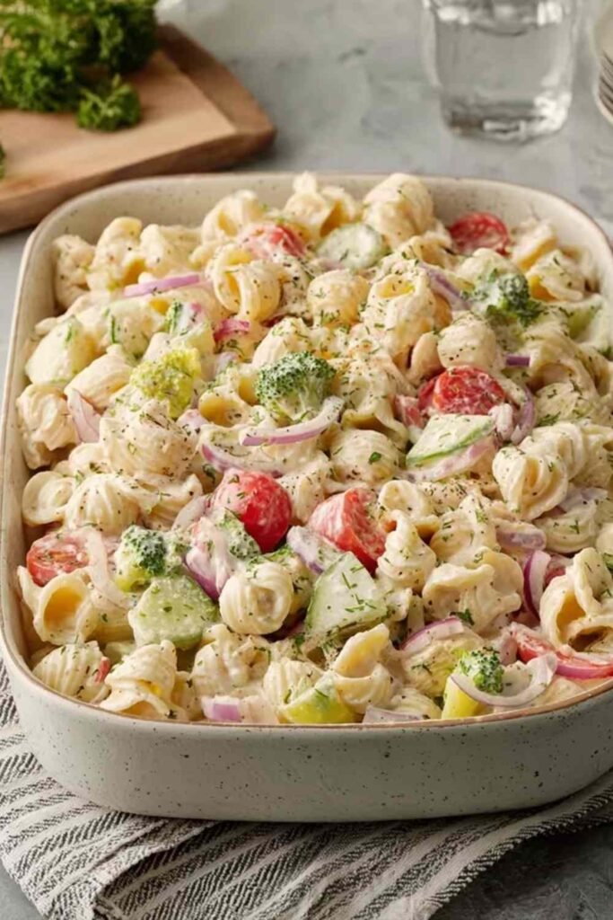 Overhead view of a high protein ranch pasta salad with shredded chicken, chickpea pasta, and fresh vegetables in a white bowl