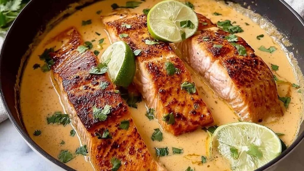 High protein poached salmon in coconut lime sauce served over jasmine rice with edamame, fresh cilantro, and lime wedges