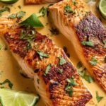 High protein poached salmon in coconut lime sauce served over jasmine rice with edamame, fresh cilantro, and lime wedges