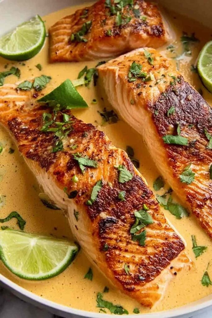 High protein poached salmon in coconut lime sauce served over jasmine rice with edamame, fresh cilantro, and lime wedges