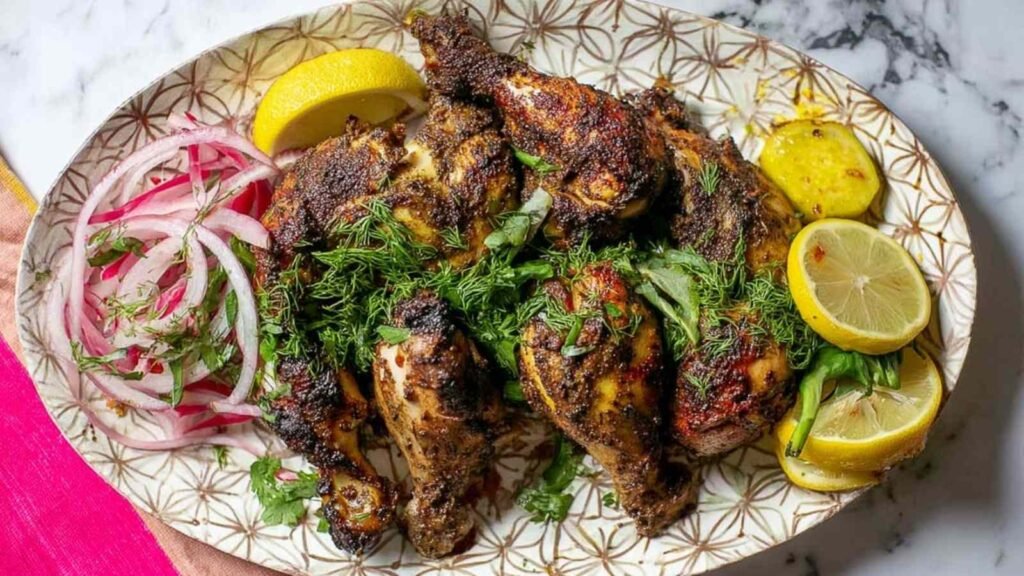 High protein sumac chicken air fryer recipe served on a plate with basmati rice and fresh herbs